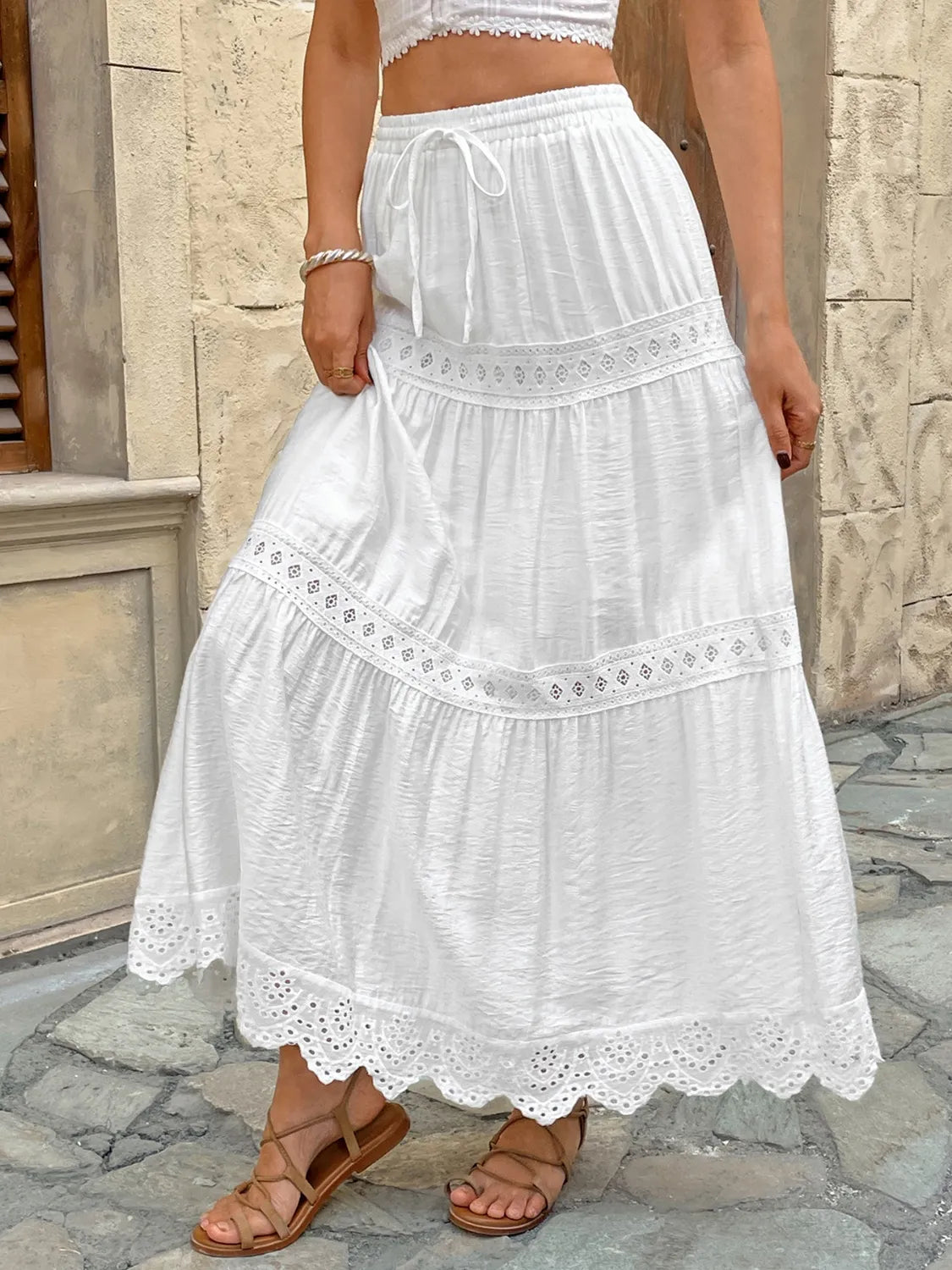 Women's Boho Tiered Maxi Skirt – Lace Trim Drawstring Waist Summer