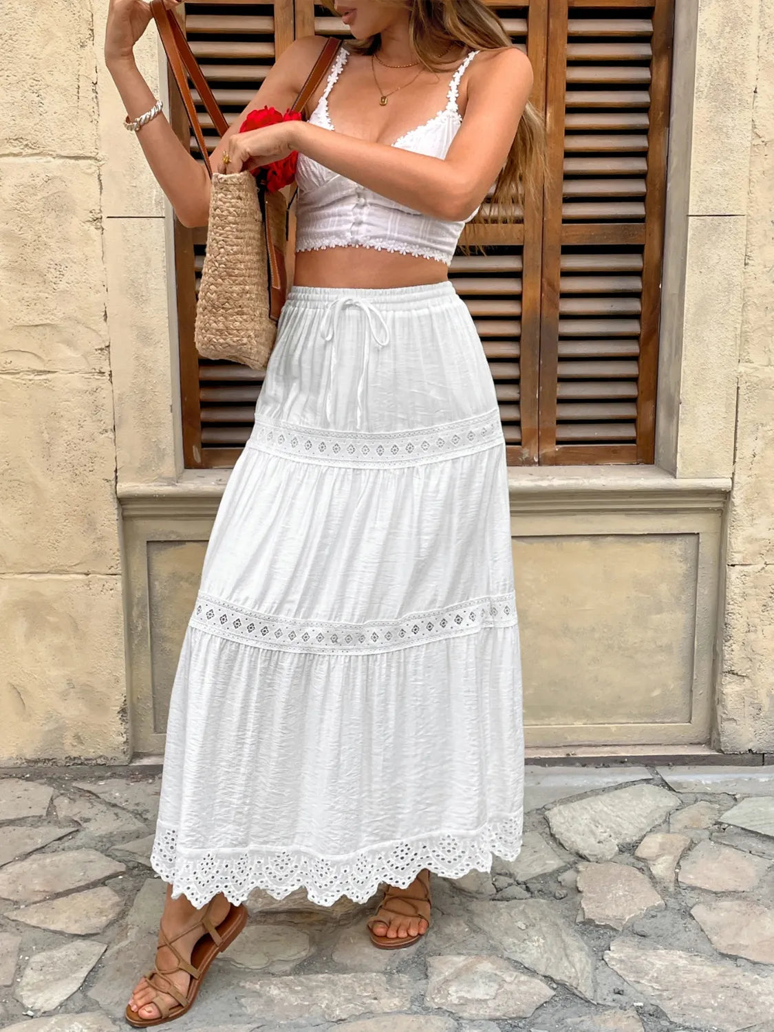 Women's Boho Tiered Maxi Skirt – Lace Trim Drawstring Waist Summer