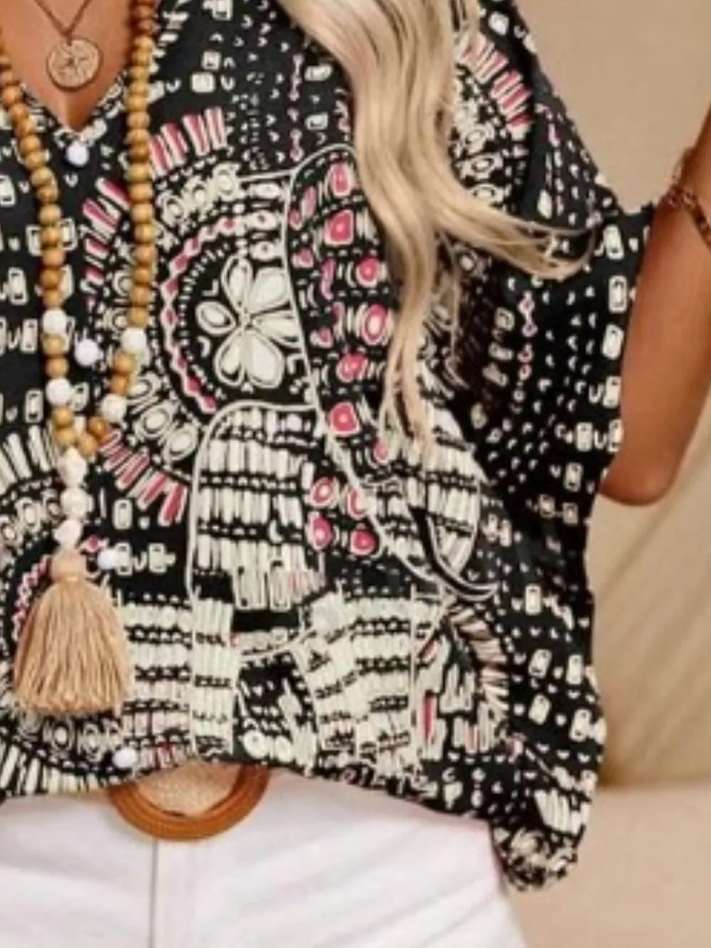 Women's Boho Tribal Print Blouse – V Neck Button Front Short Sleeve Summer
