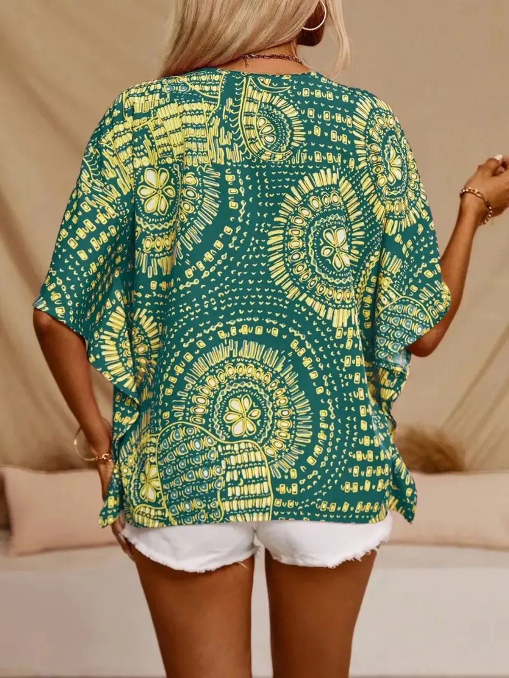 Women's Boho Tribal Print Blouse – V Neck Button Front Short Sleeve Summer