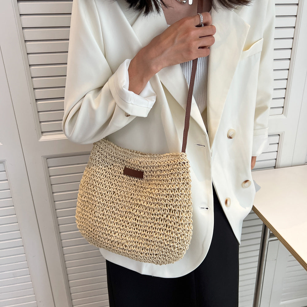 Women's Boho Woven Straw Crossbody Bag – Open Weave Bucket Summer Beach