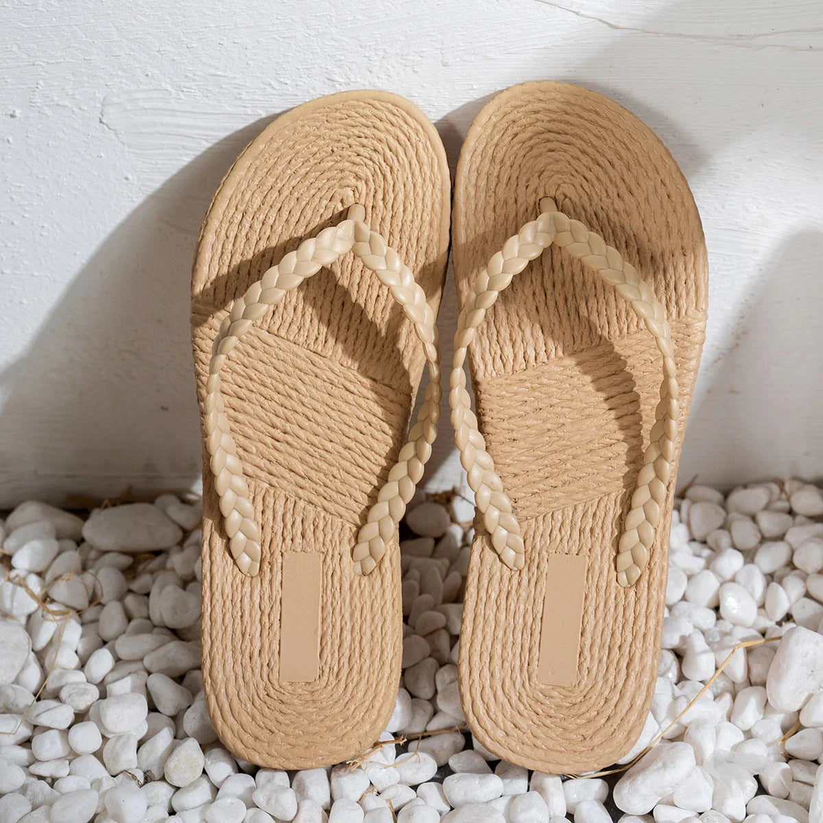 Women's Braided Strap Flip Flops – Open Toe Textured Footbed Flat Summer