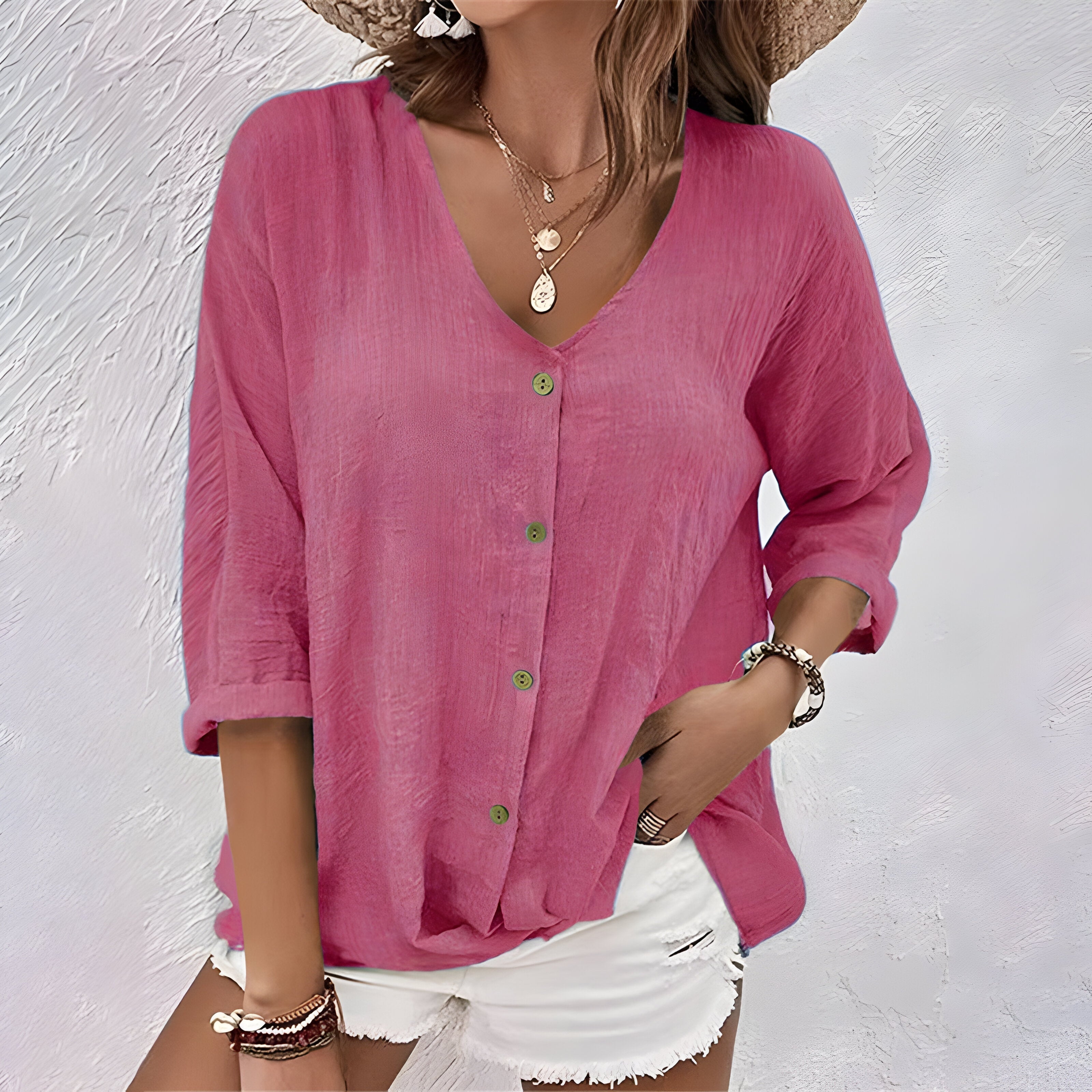 Women's Button Front Shirt – V Neck Long Sleeve Rolled Cuff Crinkle Casual
