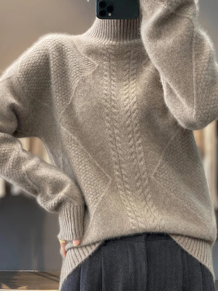 Women's Cable Knit Sweater – Turtleneck Long Sleeve Ribbed Autumn Winter