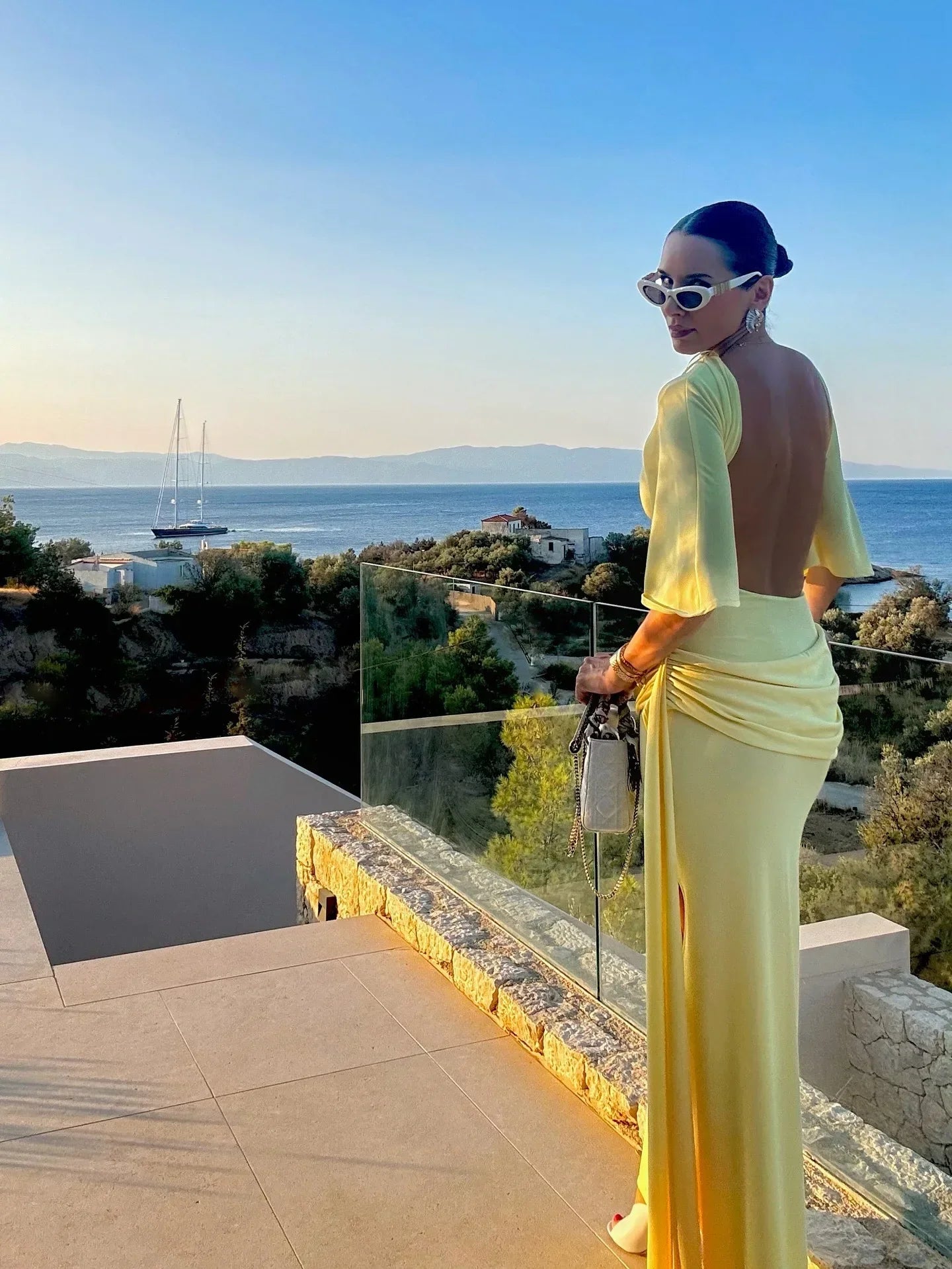 Women's Cape Sleeve Maxi Wedding Guest Dress – Ruched Hip Side Slit