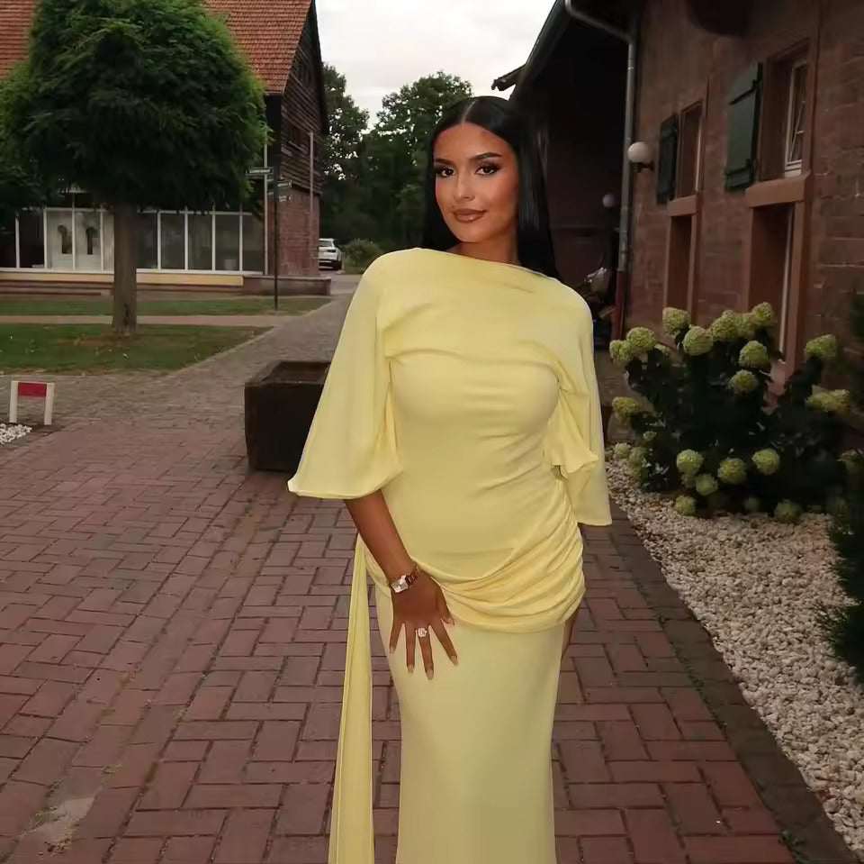 Women's Cape Sleeve Maxi Wedding Guest Dress – Ruched Hip Side Slit