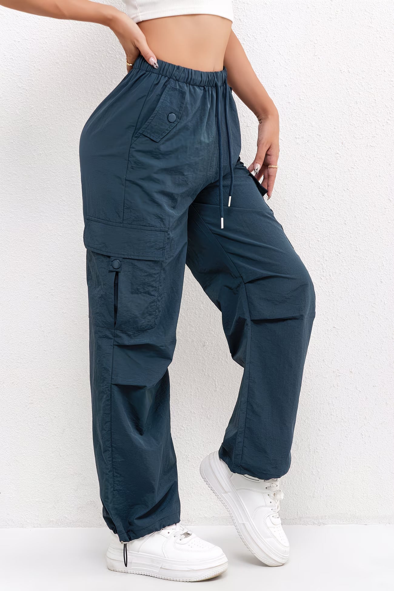 Women's Cargo Parachute Pants – High Waist Drawstring Flap Pocket Casual Street