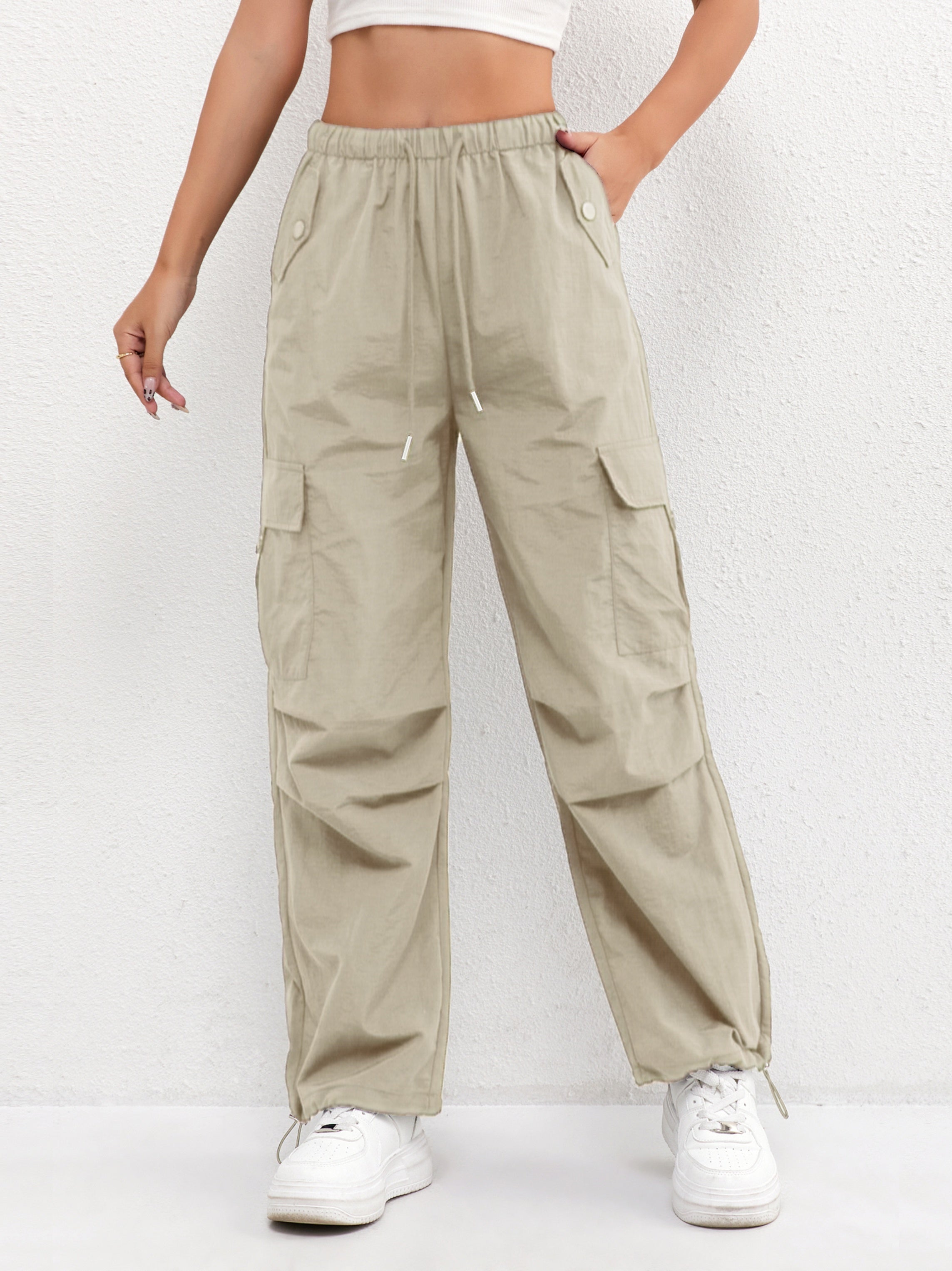 Women's Cargo Parachute Pants – High Waist Drawstring Flap Pocket Casual Street