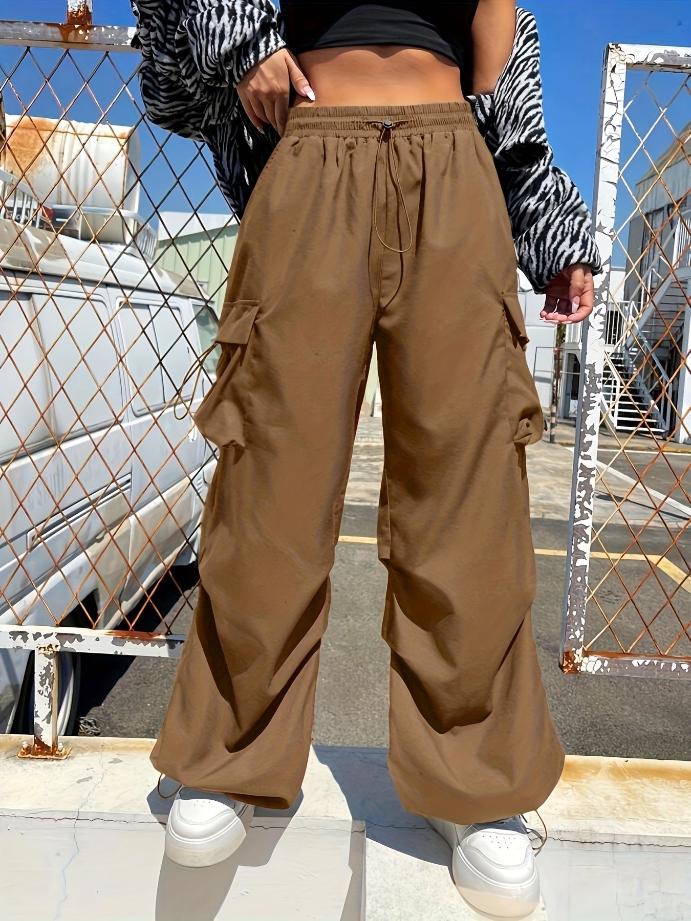 Women's Cargo Parachute Pants – Loose Wide Leg Drawstring Hem Multi Pocket