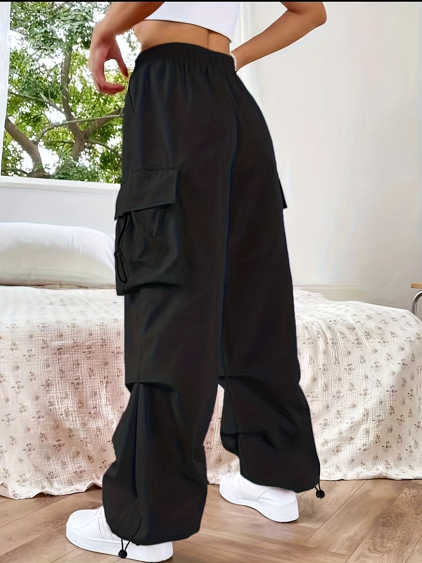 Women's Cargo Parachute Pants – Loose Wide Leg Drawstring Hem Multi Pocket