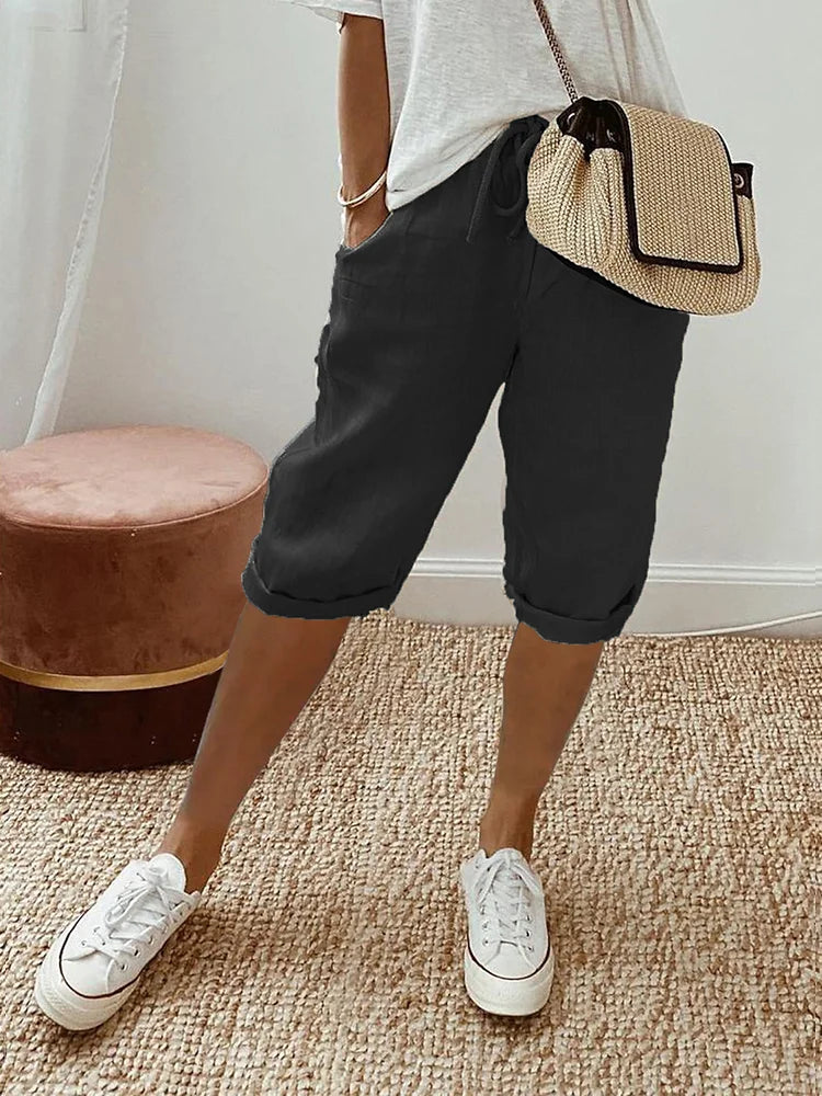 Women's Casual Linen Capri Shorts – Drawstring Waist Rolled Cuff Pocket Summer