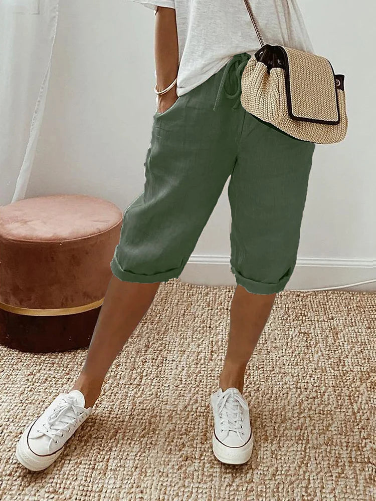 Women's Casual Linen Capri Shorts – Drawstring Waist Rolled Cuff Pocket Summer