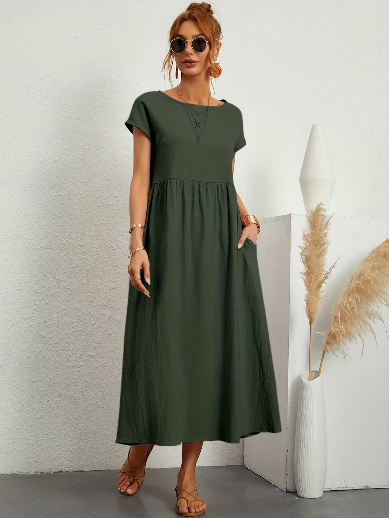 Women's Casual Midi Dress – Round Neck Short Sleeve Gathered Waist Summer