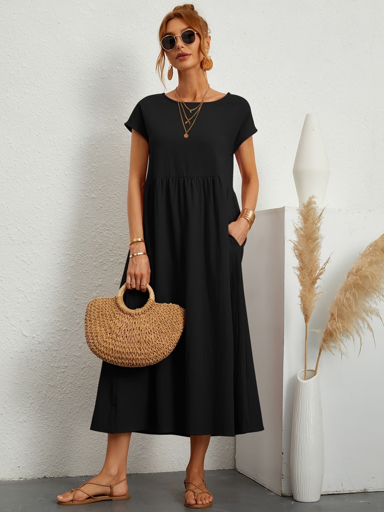 Women's Casual Midi Dress – Round Neck Short Sleeve Gathered Waist Summer