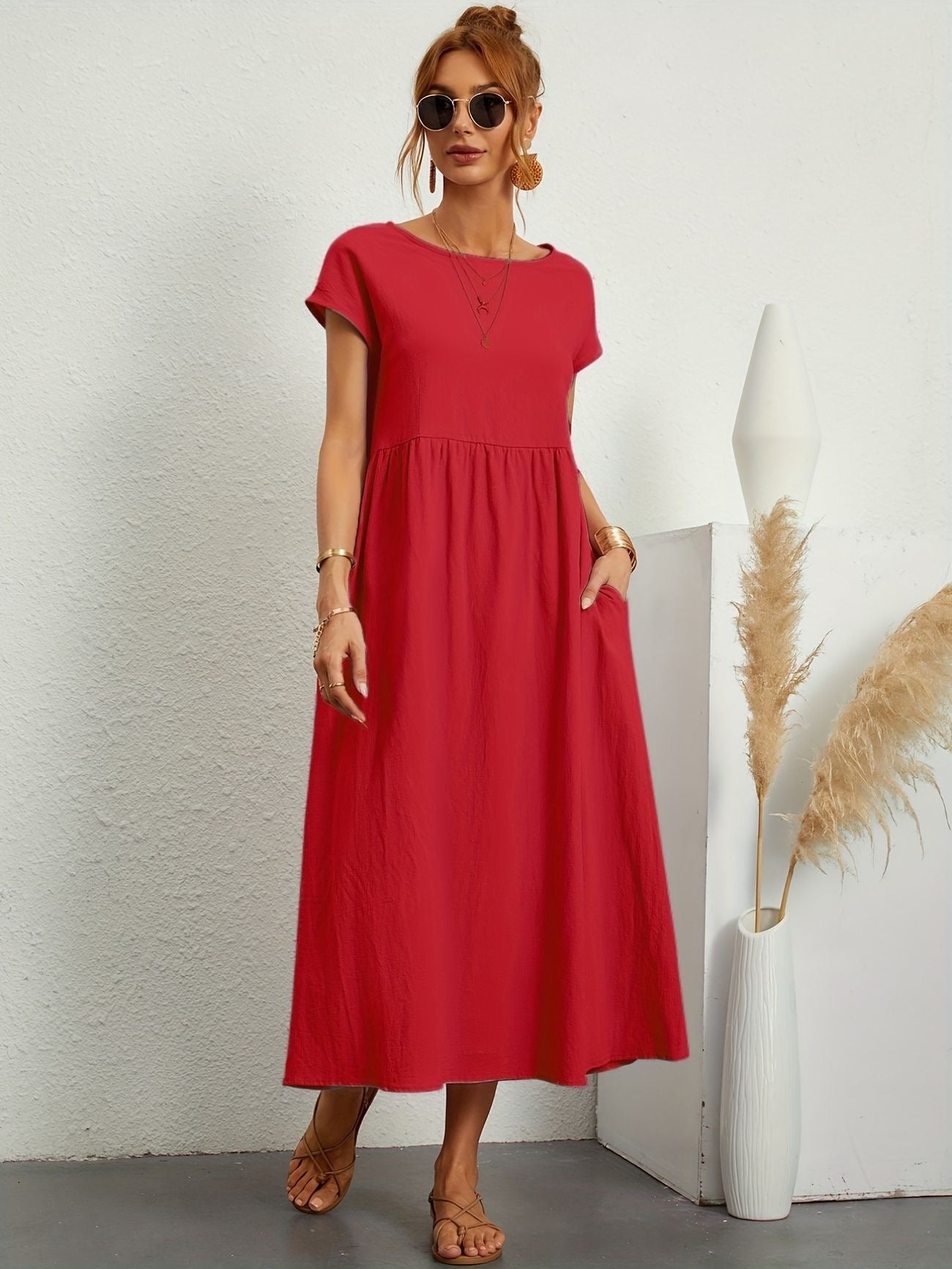 Women's Casual Midi Dress – Round Neck Short Sleeve Gathered Waist Summer
