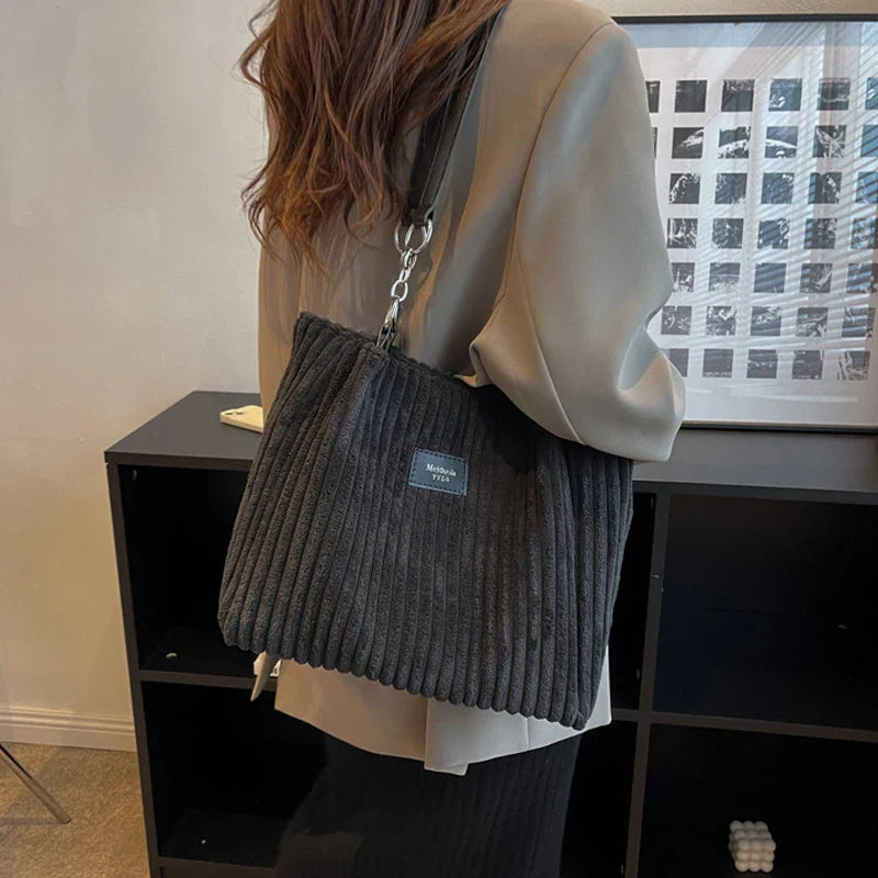 Women's Casual Ribbed Corduroy Shoulder Bag – Large Open Top Ring Strap Everyday