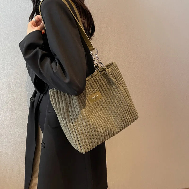 Women's Casual Ribbed Corduroy Shoulder Bag – Large Open Top Ring Strap Everyday