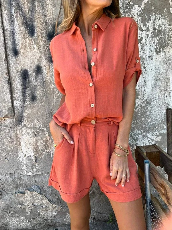 Women's Casual Two-Piece Summer Set – Button Front Shirt Roll Sleeve Shorts Summer