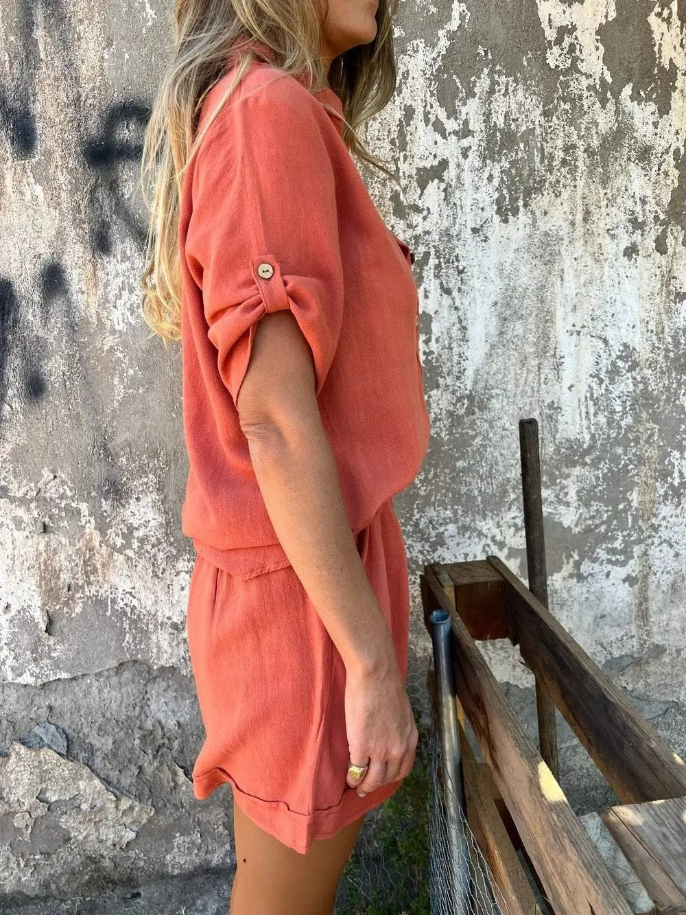 Women's Casual Two-Piece Summer Set – Button Front Shirt Roll Sleeve Shorts Summer