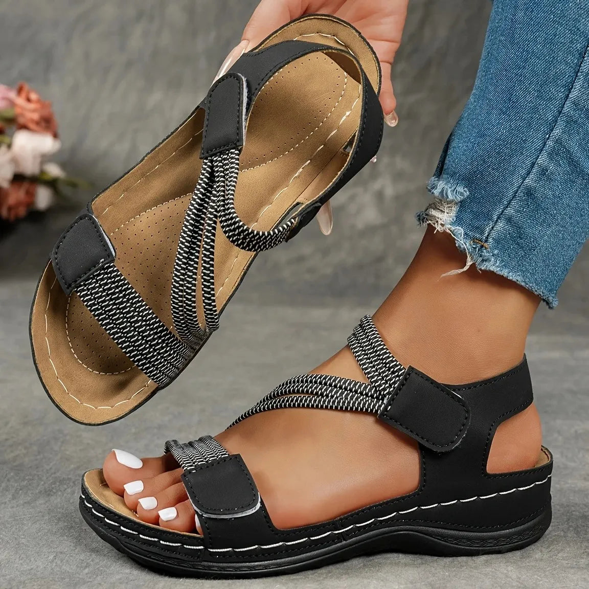 Women's Casual Wedge Sandals – Braided Band Hook Loop Open Toe Summer Walking