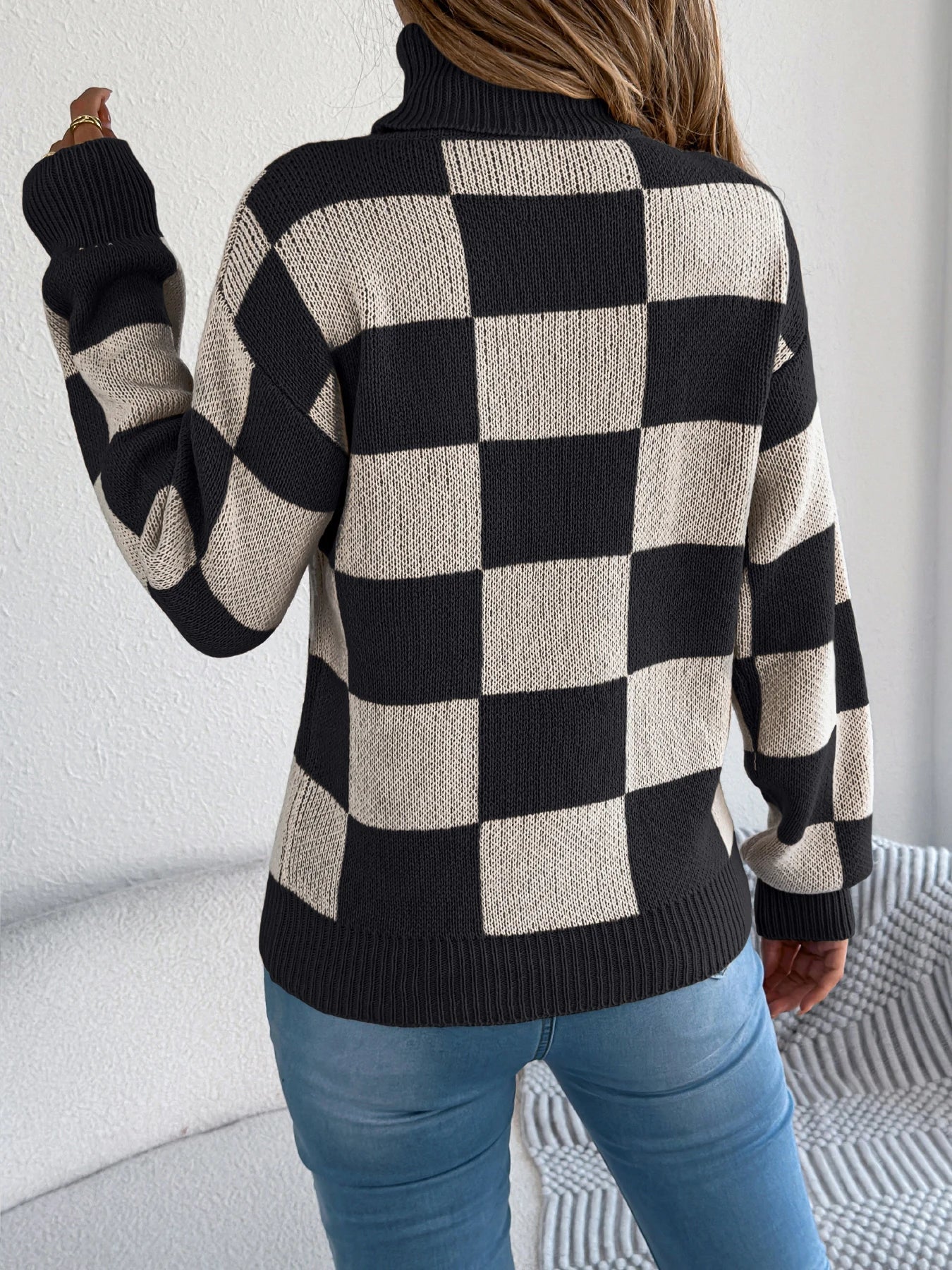 Women's Checkered Turtleneck Sweater – Long Sleeve Knit Vacation