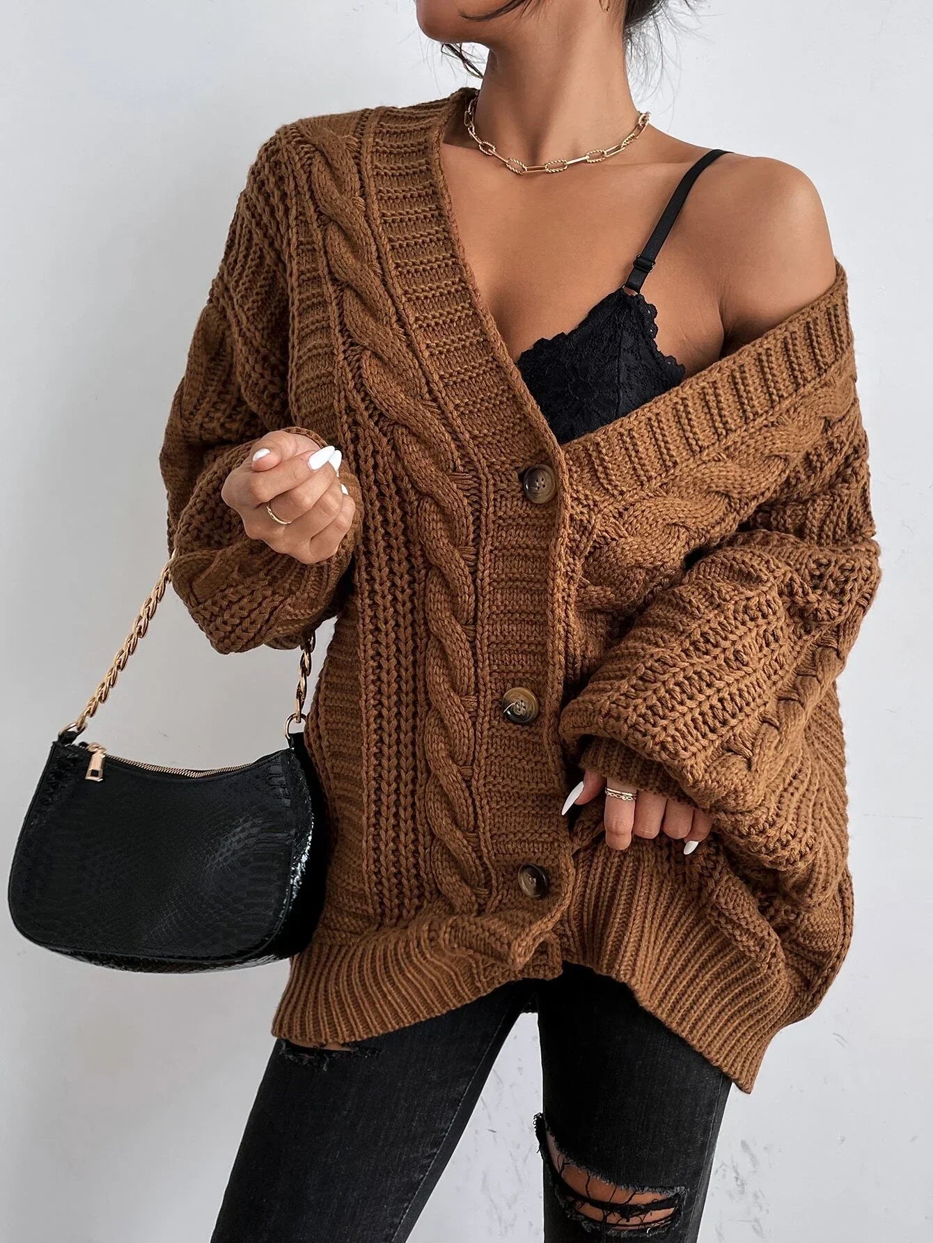 Women's Chunky Cable Knit Cardigan – Oversized V Neck Button Front Sweater