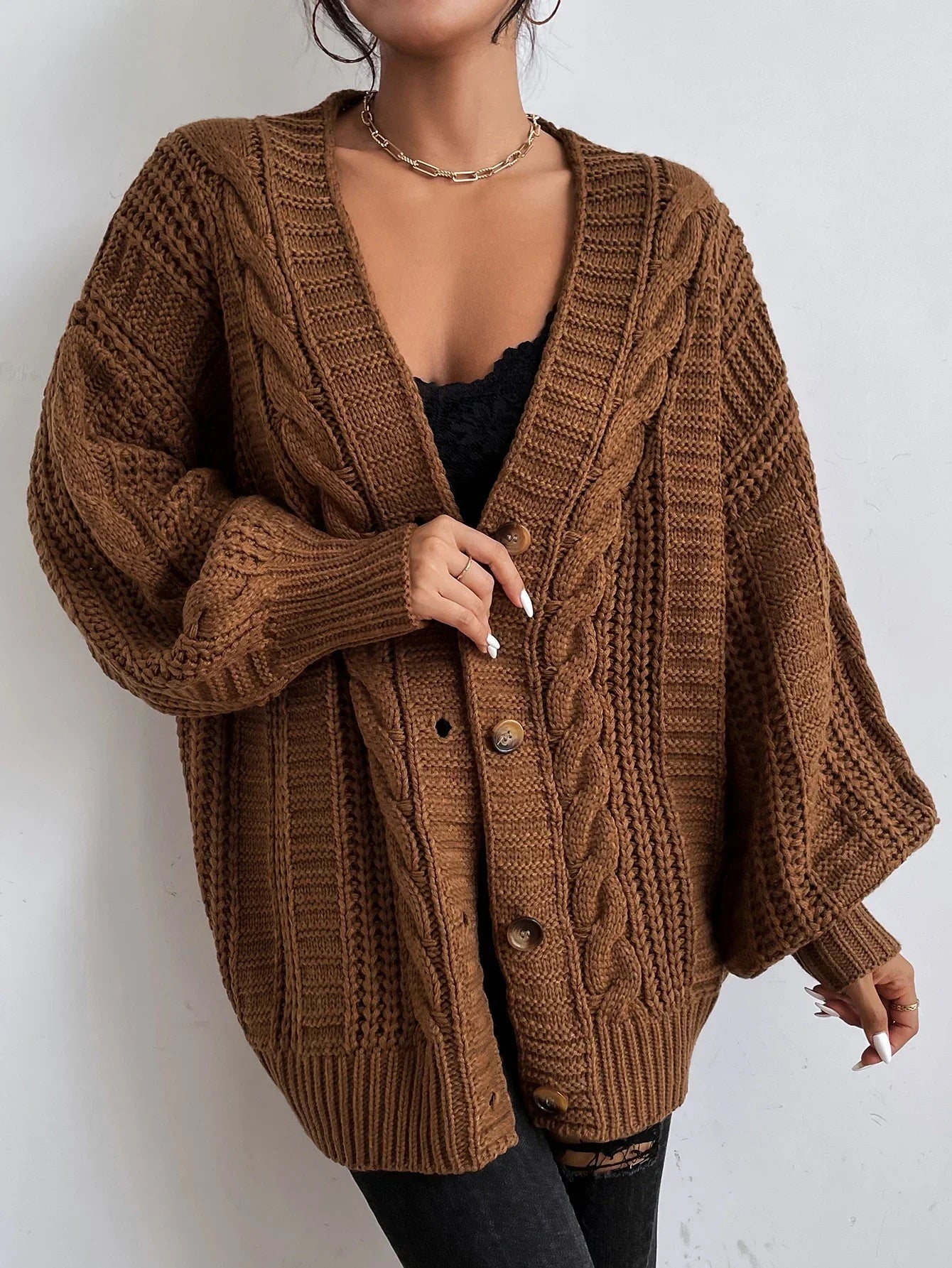 Women's Chunky Cable Knit Cardigan – Oversized V Neck Button Front Sweater