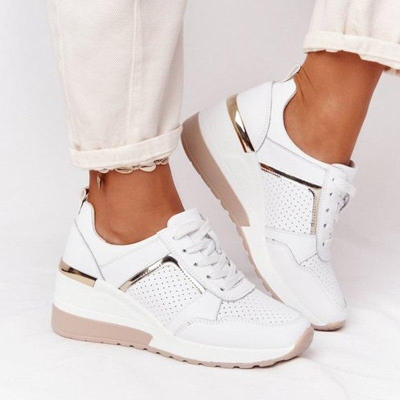 Women's Closed Toe Platform Sneakers – Lace Up Foil Panel Wedge Casual