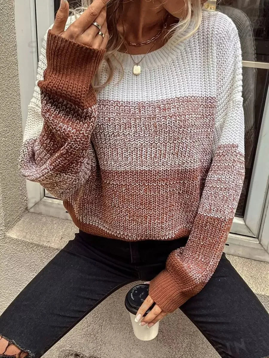 Women's Color-Block Long Sleeve Sweater – Crew Neck Knit Casual