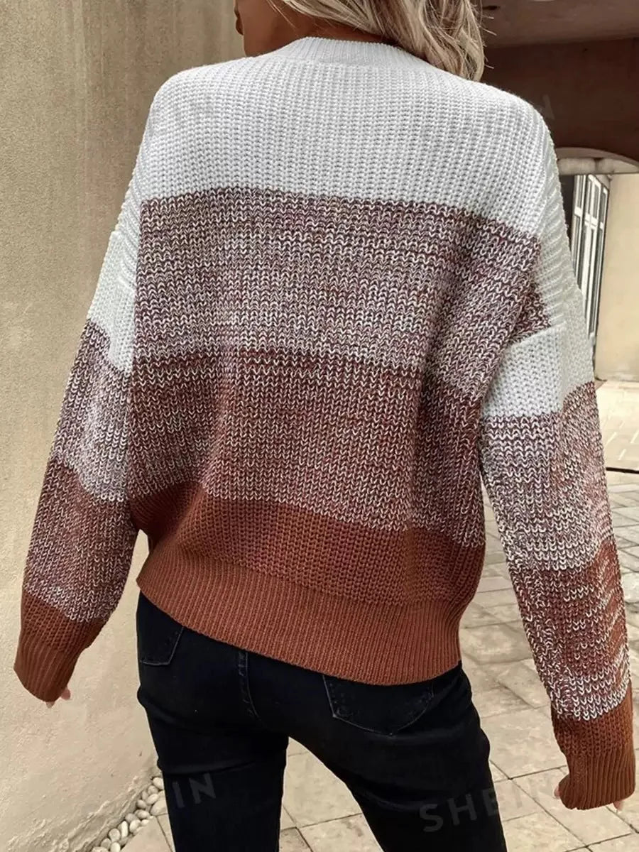 Women's Color-Block Long Sleeve Sweater – Crew Neck Knit Casual