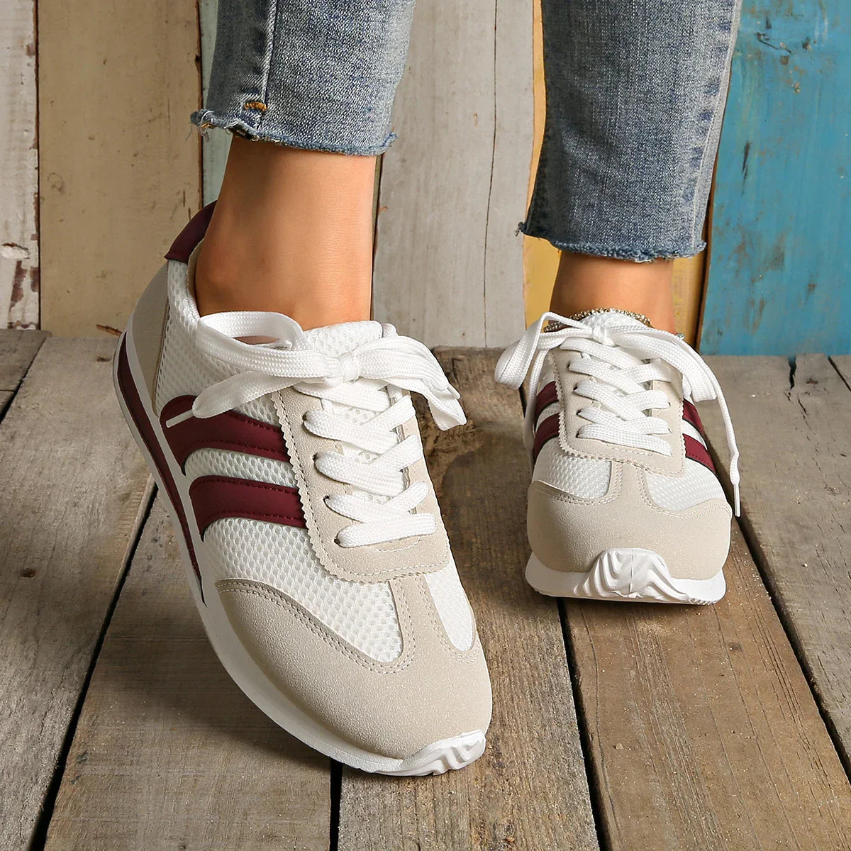 Women's Color Block Striped Low Top Sneakers – Lace Up Mesh Panel Casual