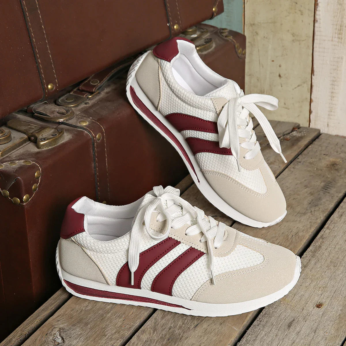 Women's Color Block Striped Low Top Sneakers – Lace Up Mesh Panel Casual