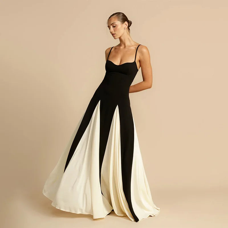 Women's Contrast Panel Maxi Dress – Sweetheart Neck Spaghetti Strap Wedding Guest