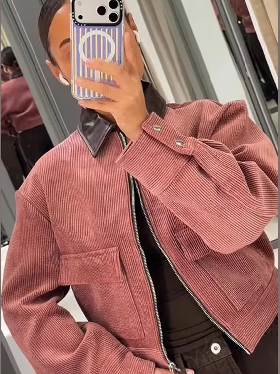 Women's Corduroy Cropped Bomber Jacket – Zip Front Snap Cuff Casual