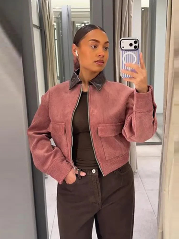 Women's Corduroy Cropped Bomber Jacket – Zip Front Snap Cuff Casual