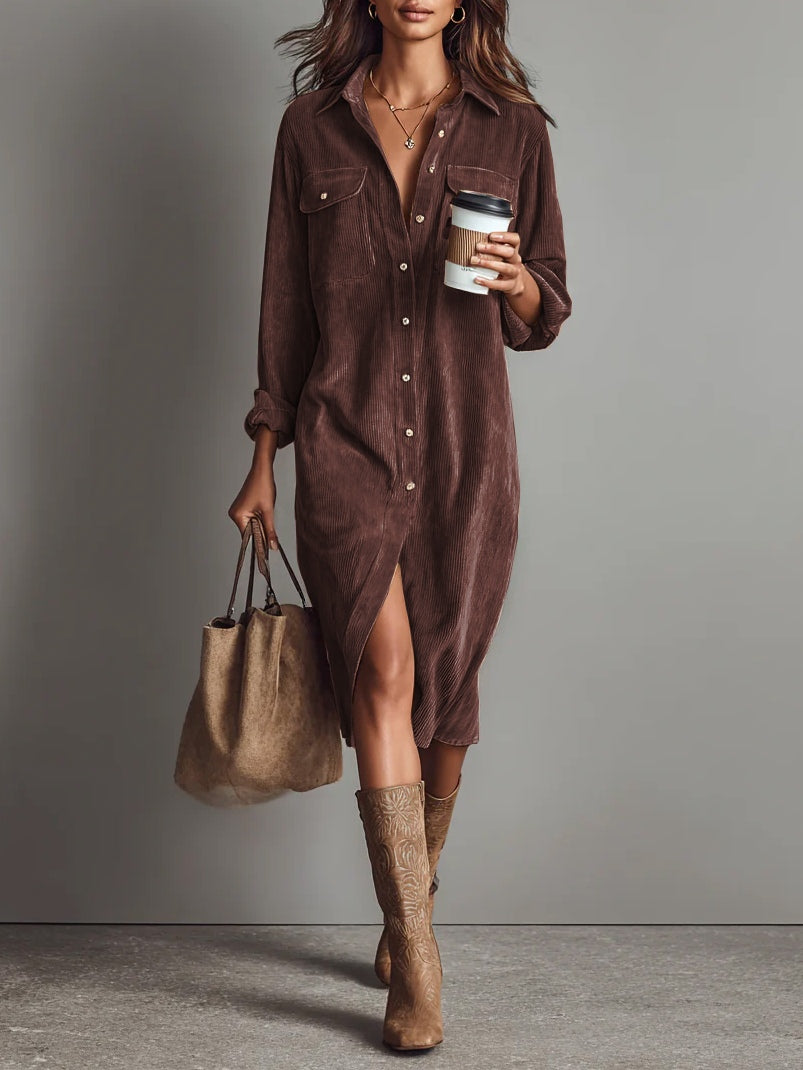 Women's Corduroy Midi Shirt Dress – Button Front Long Sleeve Casual