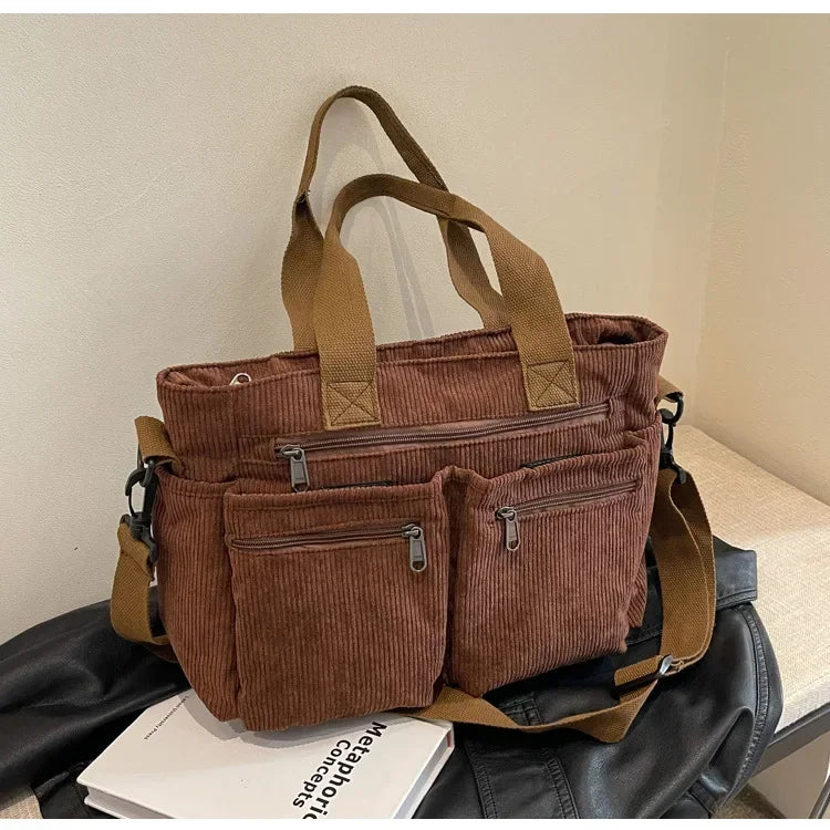 Women's Corduroy Shoulder Bag – Multi Pocket Zip Top Handle Everyday Bag