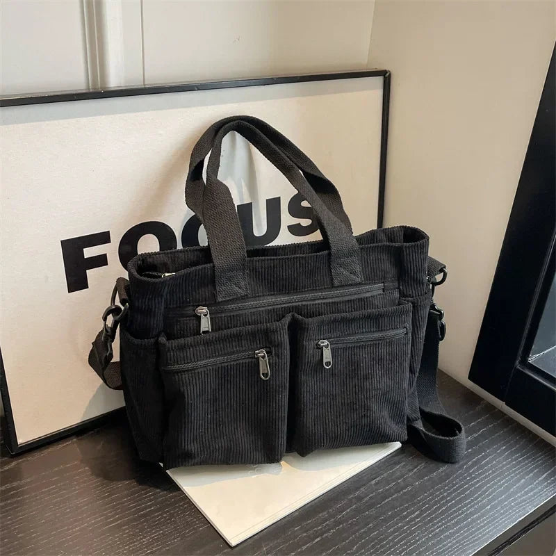 Women's Corduroy Shoulder Bag – Multi Pocket Zip Top Handle Everyday Bag