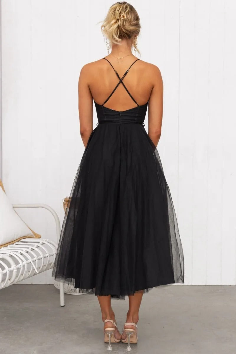 Women's Corset Tulle Midi – Spaghetti Strap Sweetheart Wedding Guest Dress