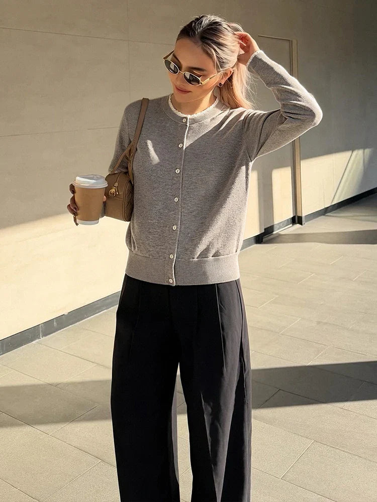 Women's Crew Neck Button Knit Cardigan – Lace Trim Long Sleeve Everyday Wear