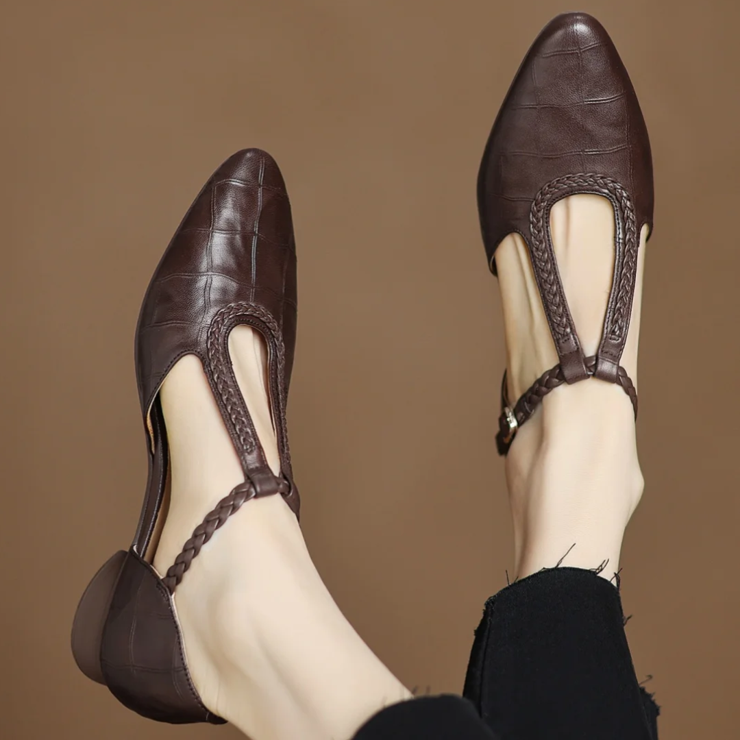 Women's Croc Embossed Mary Jane Flats – Braided T-Strap Adjustable Buckle Round Toe