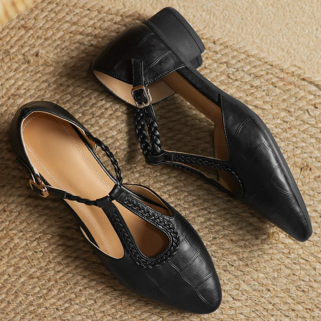 Women's Croc Embossed Mary Jane Flats – Braided T-Strap Adjustable Buckle Round Toe