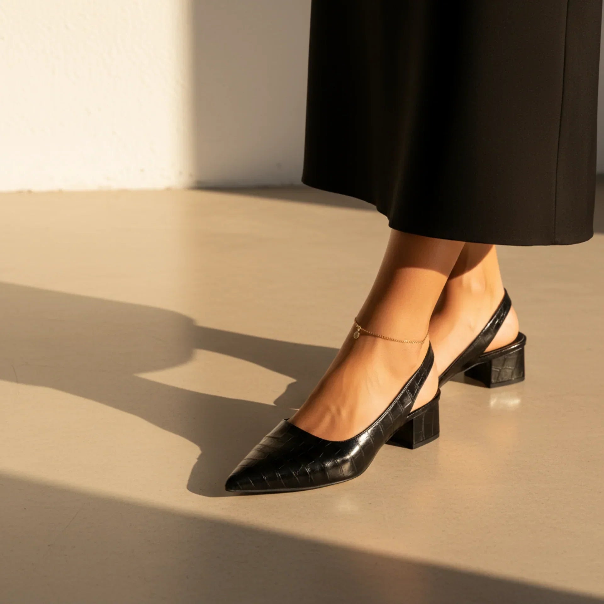 Women's Croc Embossed Pointed Toe Slingback Pumps – Block Heel Office Work