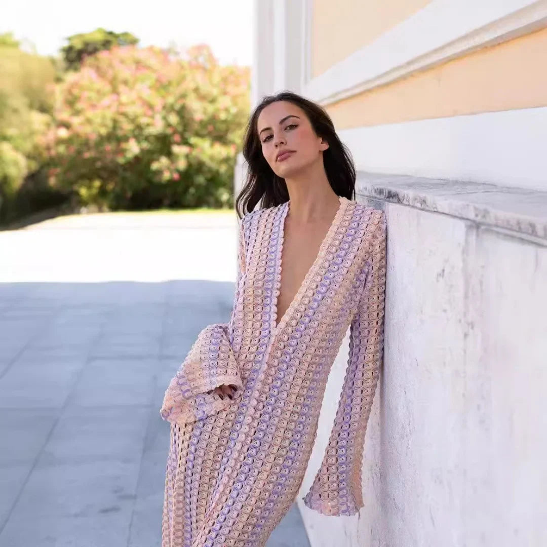 Women's Crochet Maxi Dress – V Neck Front Slit Long Sleeve Summer Beach