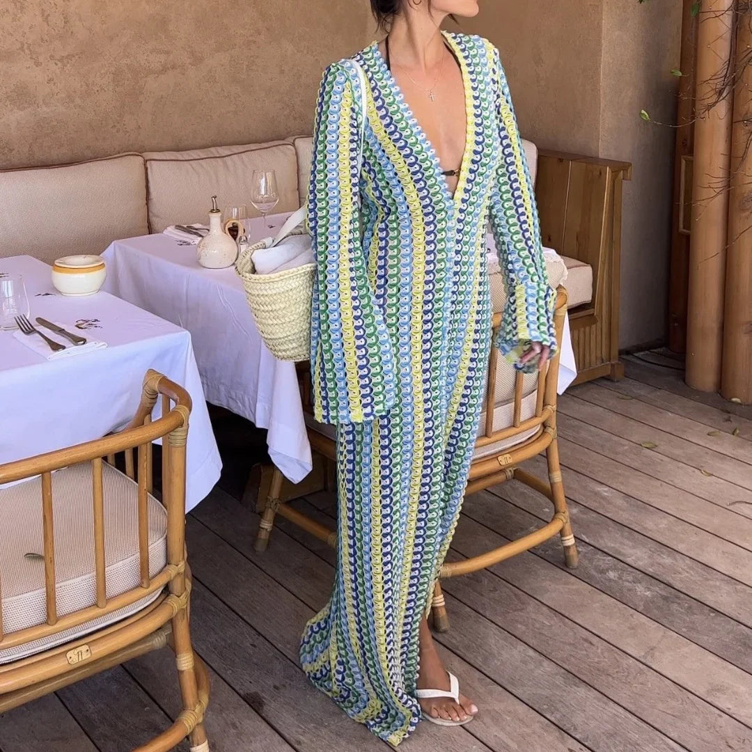 Women's Crochet Maxi Dress – V Neck Front Slit Long Sleeve Summer Beach