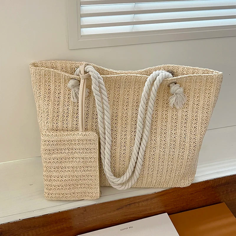 Women's Crochet Tote Bag – Woven Rope Handle Pouch Beach Summer