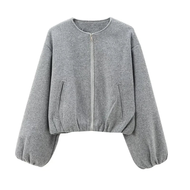 Women's Cropped Bomber Jacket – Zip Front Collarless Balloon Sleeve Casual