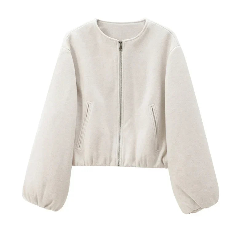 Women's Cropped Bomber Jacket – Zip Front Collarless Balloon Sleeve Casual