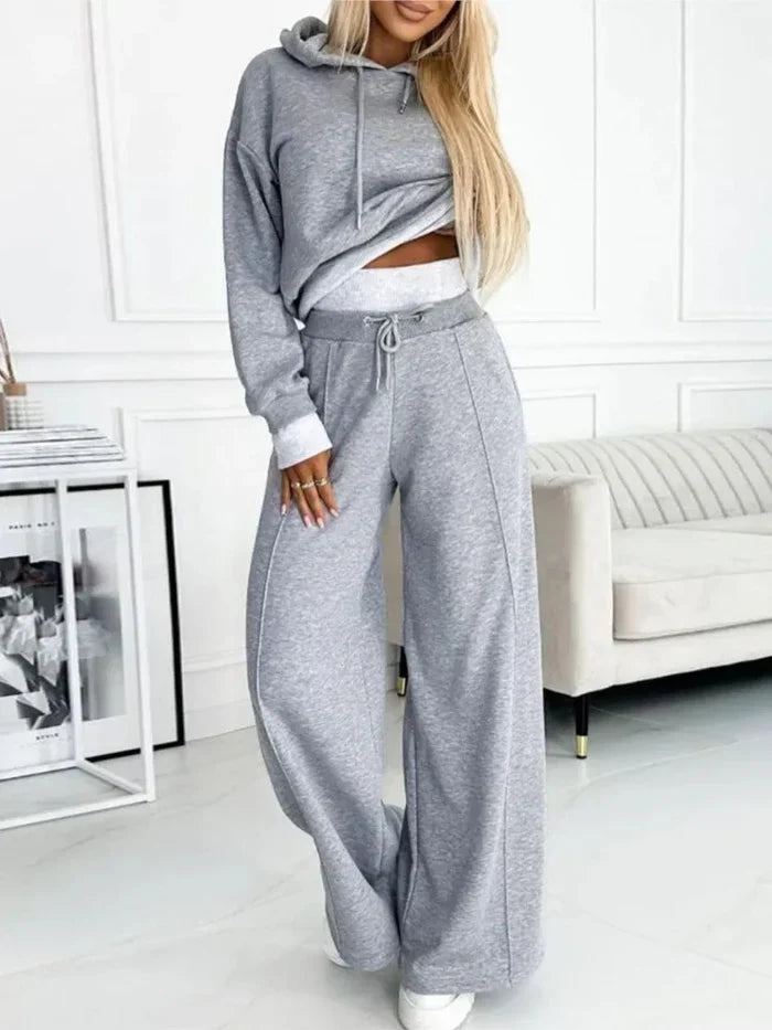 Women's Cropped Pullover Hoodie Wide Leg Pants – 2 Piece Tracksuit Set