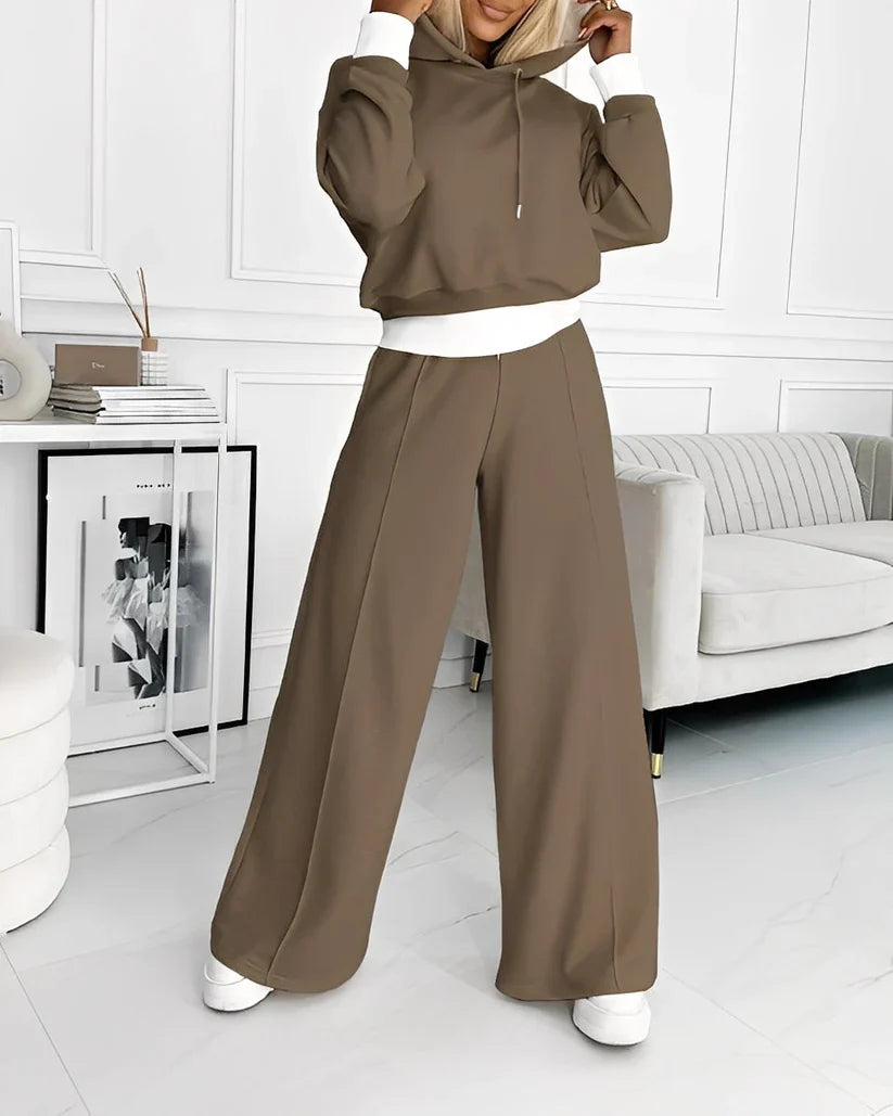 Women's Cropped Pullover Hoodie Wide Leg Pants – 2 Piece Tracksuit Set